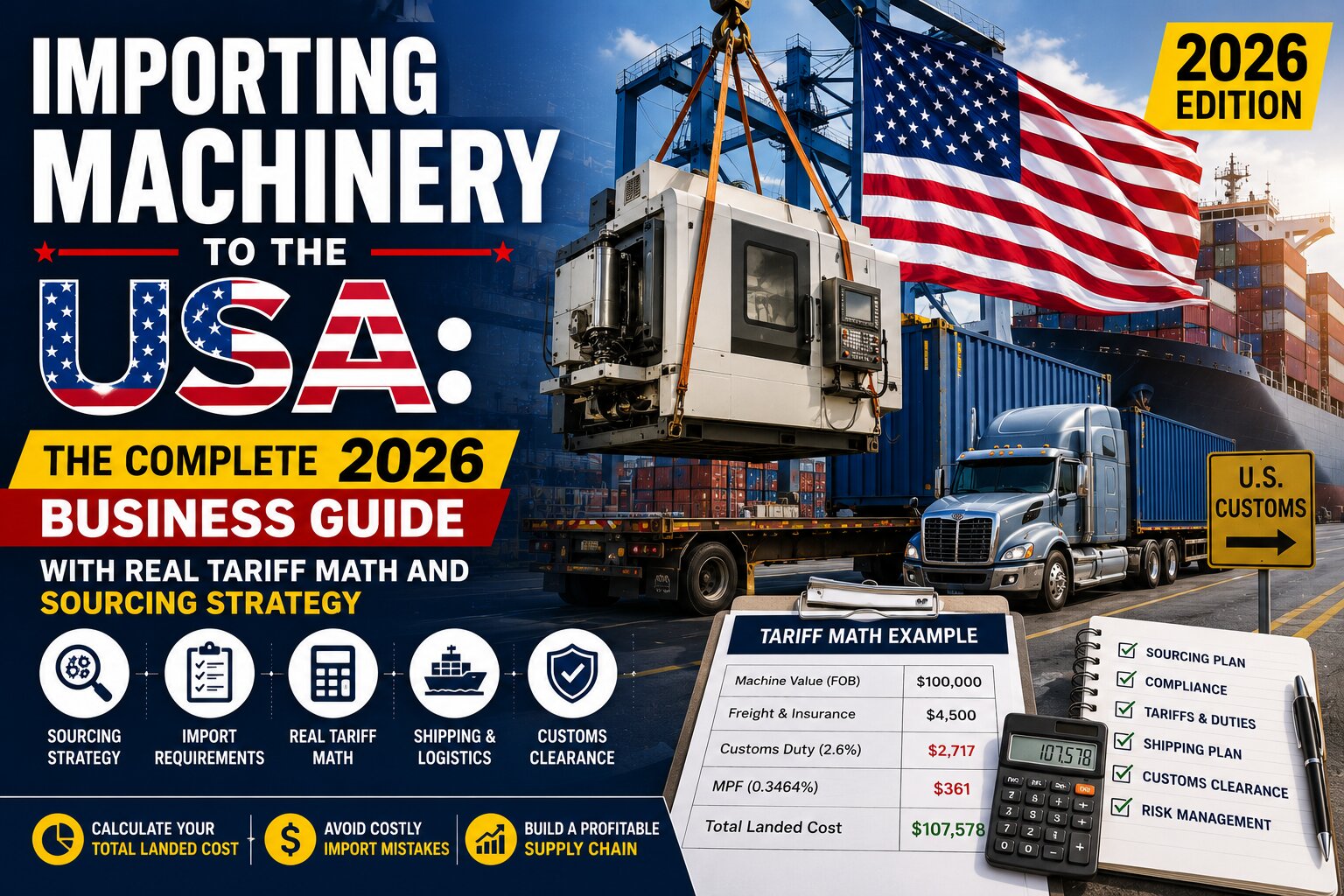 Importing machinery to the USA in 2026 — complete business guide with tariff math and sourcing strategy, by Trade Globe Consultants